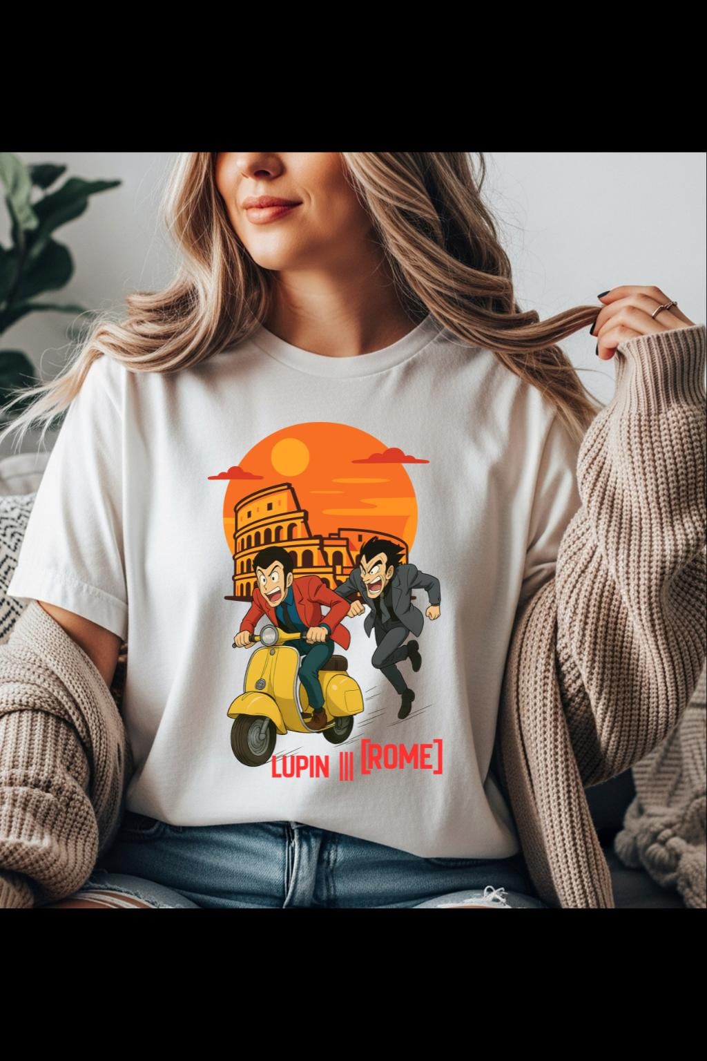 Retro 90s Lupin 3 in Rome Scooter Chase T-Shirt | Colosseum Sunset Italy Design, unisex lupin Anime T-Shirt, Fujiko Manga Waifu Shirt