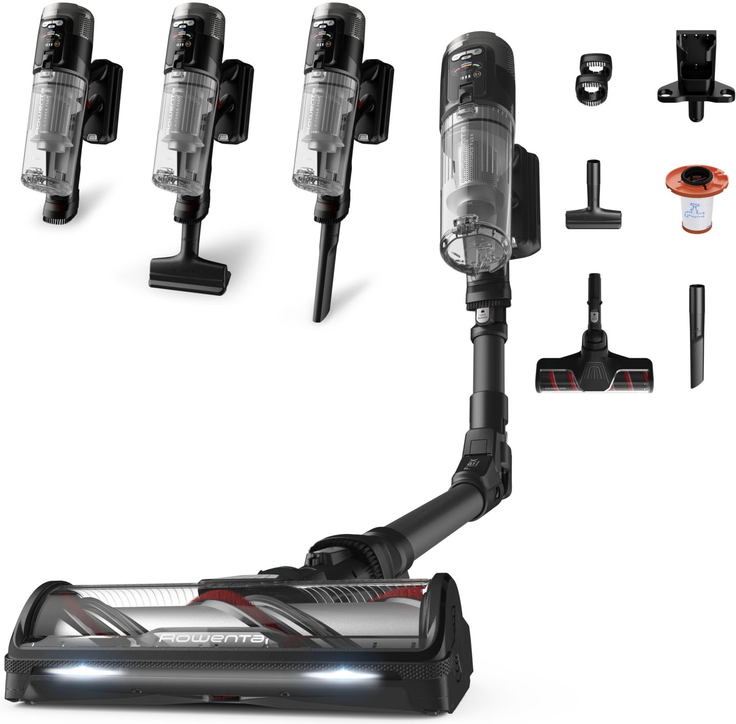 ROWENTA Akku-Hand-und Stielstaubsauger "X-Force Flex 12.60 Neo Complete, 60 Minuten Laufzeit, Flex-Gelenk", schwarz, B:26,6cm H:113cm T:25,2cm, Akkusauger, LED-Beleuchtung, hocheffiziente Saugleistung dank 150 Air Watt, RH9L55