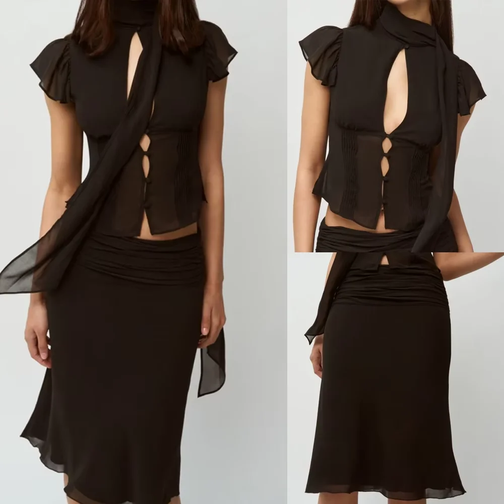 Haut sexy Guz Black Ribbon, matériau légèrement transparent et doux pour la peau, ensemble jupe mi-longue, haut en mousseline de soie de style français, tenue de soirée pour jeune fille, ensemble jupe