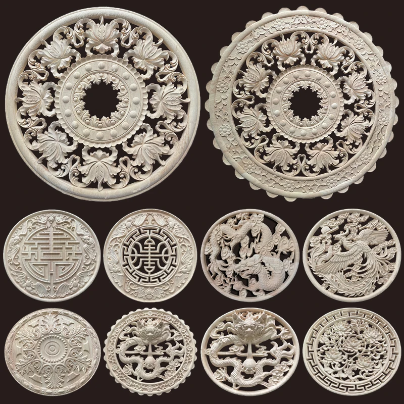Runde chinesische Drachen holz schnitzerei Applikation antike Onlays Formteile Holz figuren für Möbel dekoration Vintage Dekor Blumen Image