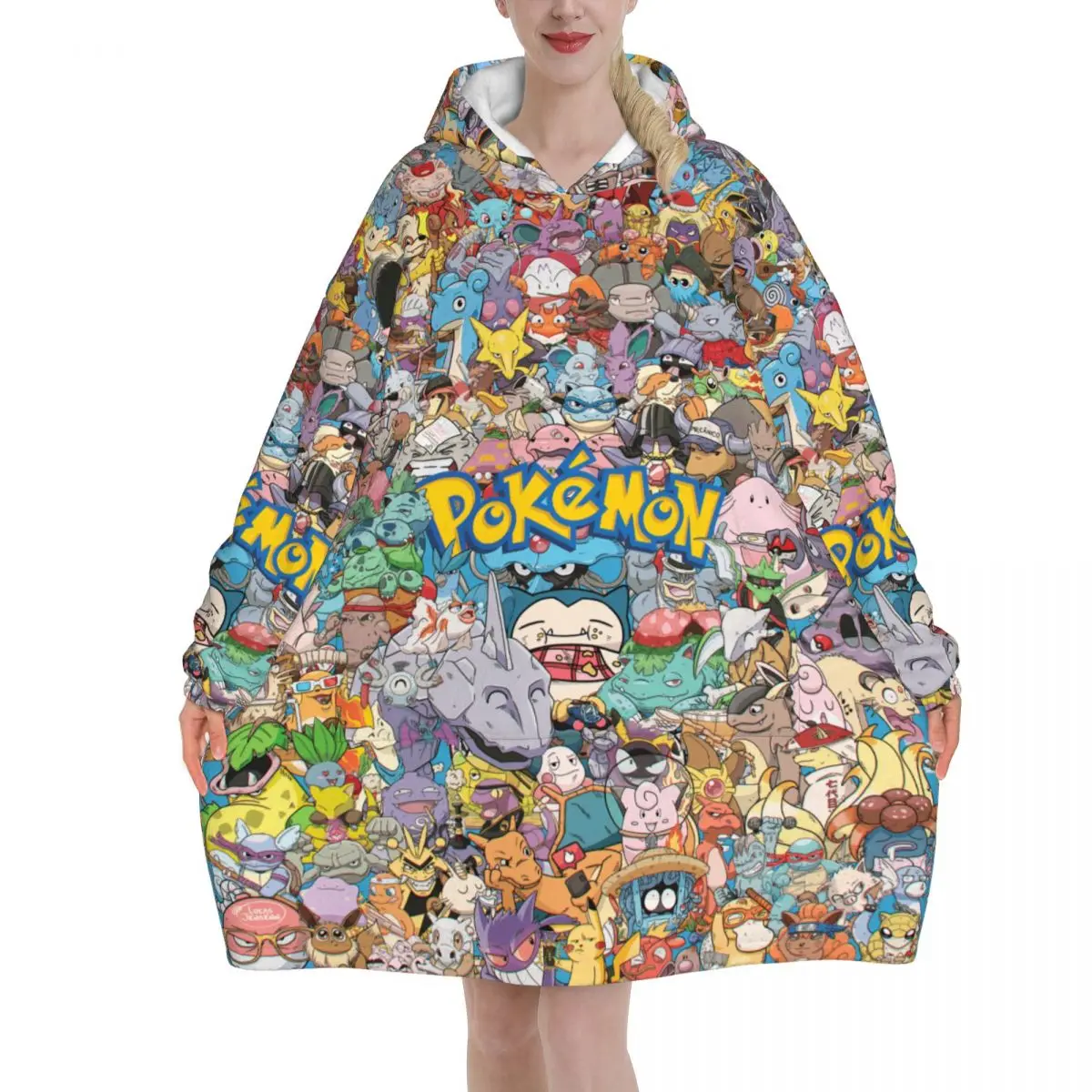 Pokemon Pikachus Decke, Kapuzenpullover, tragbare Decke, groß, mit Tasche, warmer Schlafsack, weicher, gemütlicher Einteiler Image