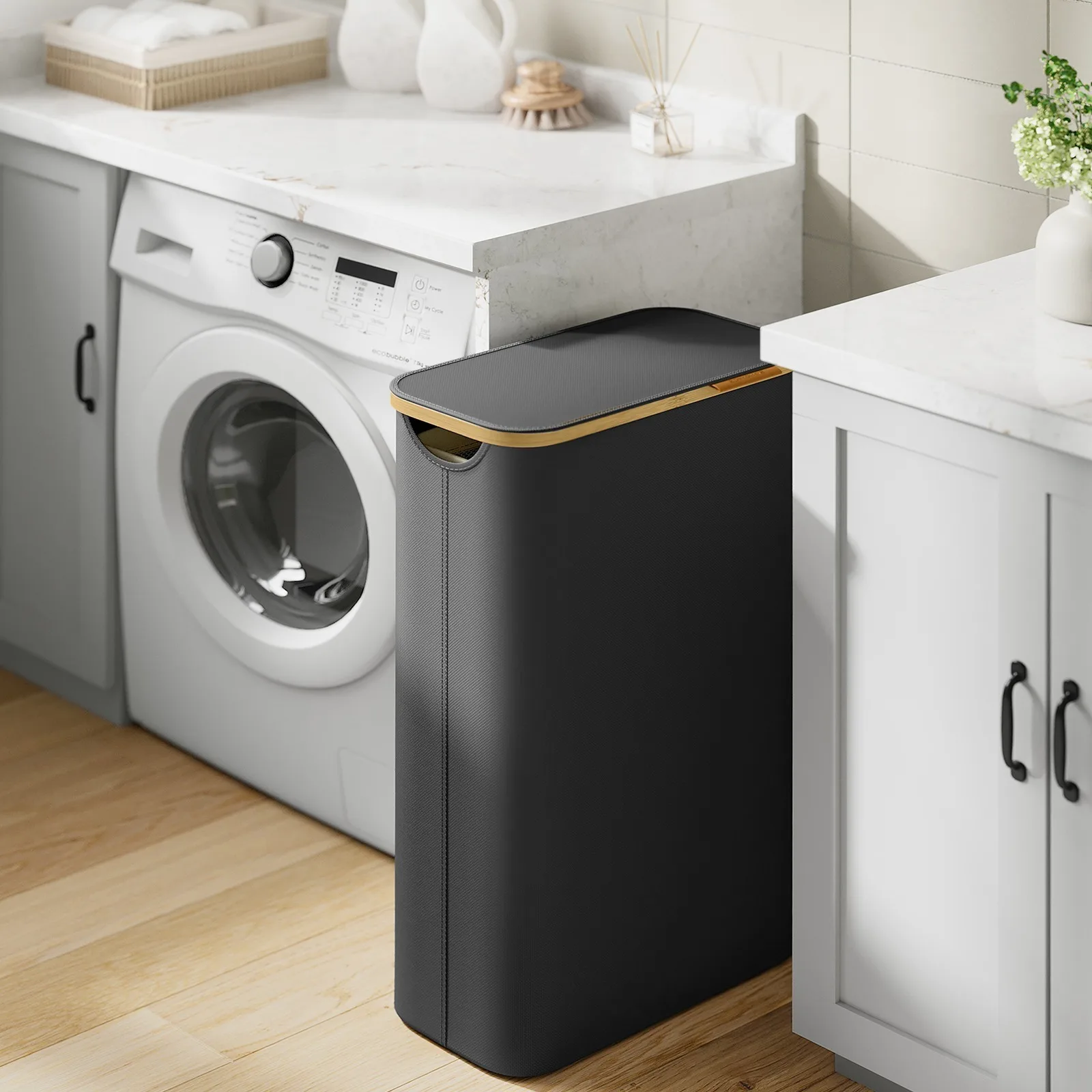 60L faltbarer Wäschekorb, mit abnehmbarem Wäschesack, Griffe aus Bambus, schmaler Wäschekorb, Sammelbehälter, grau.