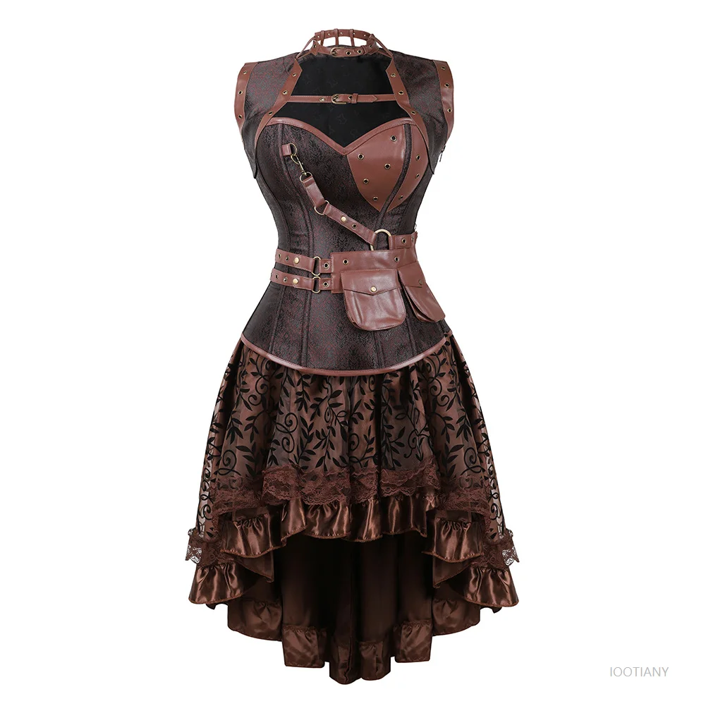 Plus Size Erwachsene Braun Mittelalter Gothic Anzug Steampunk Kunstleder Korsett mit Rock Damen Cosplay Piratenkostüm Kleid 2025