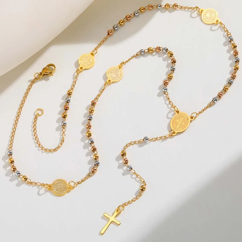Edelstahl-Rosenkranz-Halskette des St. Benedikt, christlicher Kreuz-Kruzifix-Anhänger, religiöse Halskette für Frauen, katholischer Schmuck Image