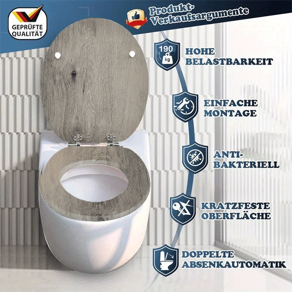 SAINOS Universelle Toilettendeckel mit Absenkautomatik WC Sitz Holz Klodeckel Toilettensitz Klobrille Tragfähigkeit bis 190 kg Image