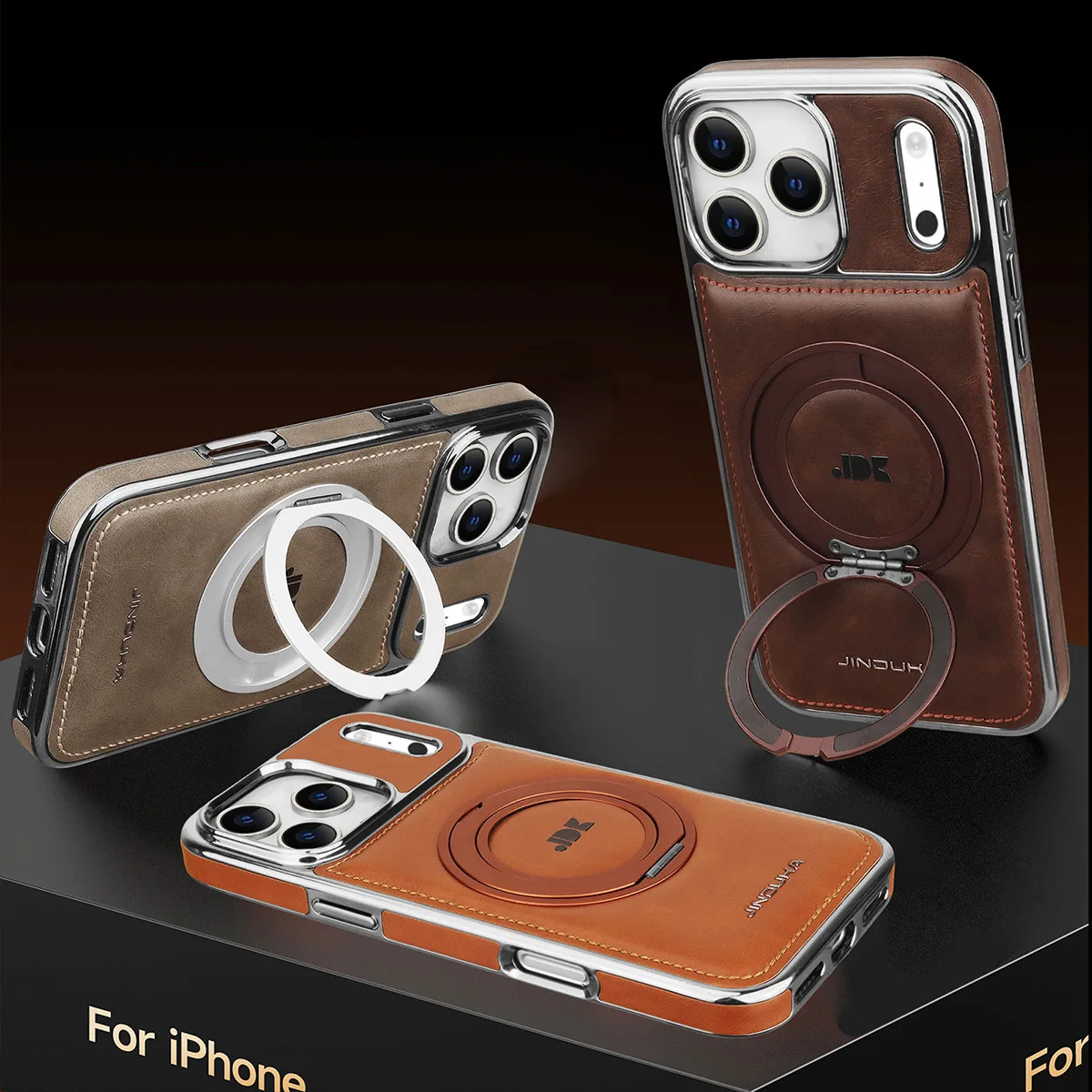 Magnetische drehbare Halterung aus Leder, für iPhone 17 16 15 Pro Max 14 13 Plus 17 Air PWireless Charging Plating Phone Cases