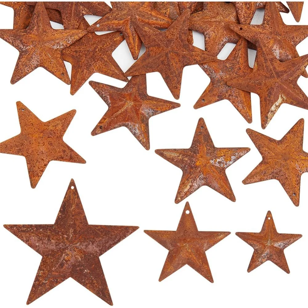 30 Stück 3 Größen Rusty Metal Barn Star 2" 2,5" 3,75" Vintage Antik Primitives Country Decor Zinn Stahlsterne mit Löchern Rustikal