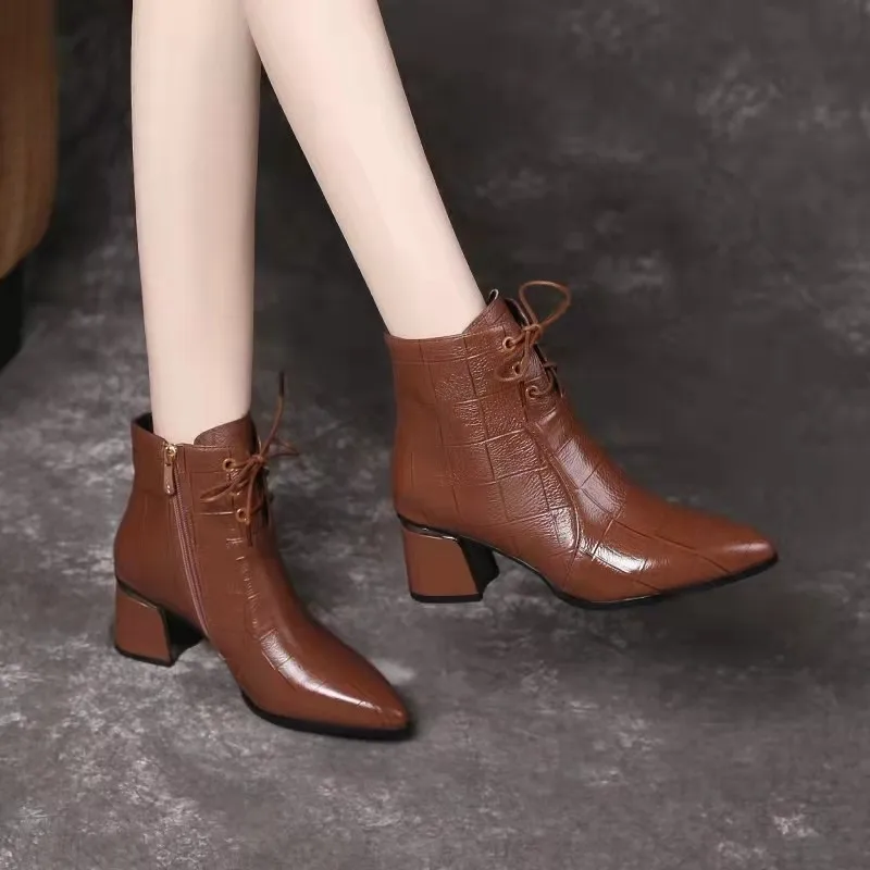 Elegante High Heels Stiefeletten Frauen Lace Up Spitz Herbst Winter Stiefel Party Casual Schuhe Weibliche Größe 41 42