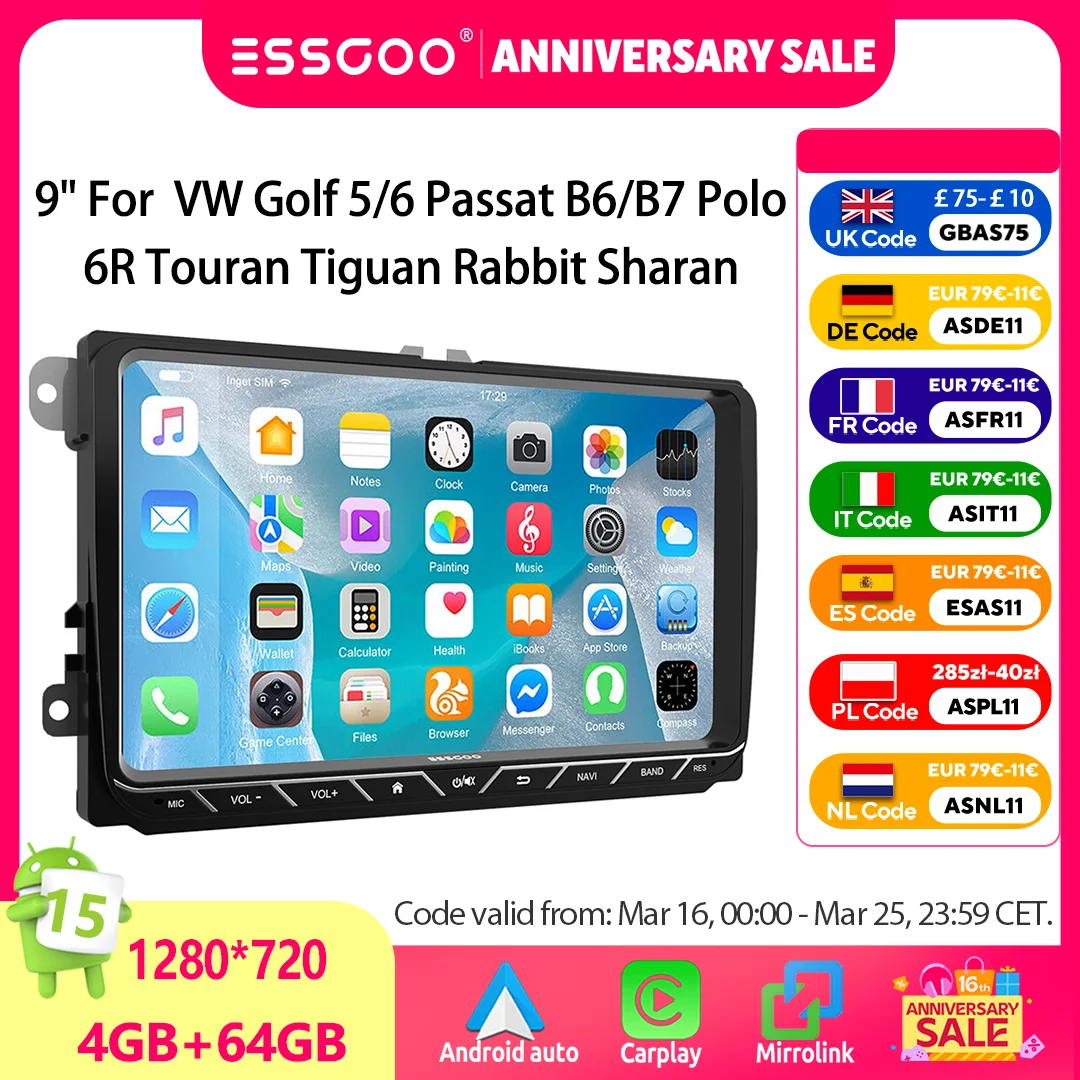Autoradio ESSGOO Android 15 9 Pollici 32/64G per VW Golf 5/6 Passat B6/B7 Polo 6R Touran Tiguan Caddy Jetta EOS T5 CarPlay Senza Fili Android Auto Navigazione GPS WiFi BT RDS Controlli al Volante FM
