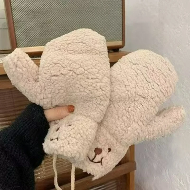 Winter-Lammfleece-bestickte Smiley-Bärenhandschuhe mit Umhängeband, niedlich, mit Fleece gefüttert, verdickt, warm und kältebeständig Image