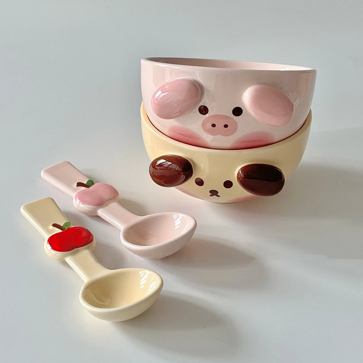 Cute Cartoon Ceramic Bowl Sets Pig/Dog Pattern Small Rice Bowls With Matching Spoon 5Inches Household Breakfast Oats Bowl Couple