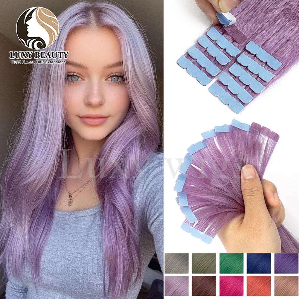 Farbiges lila Mini-Klebeband in Echthaarverlängerungen, unsichtbares, nahtloses Klebeband im Haar, 10 Stück, rosa, rot, grün, blau, Mini-Klebeband im Haar Image