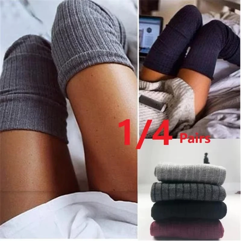 Frauen Lange Socken Kaschmir Frauen Boot Solide Wolle Oberschenkel Strumpf Dünne Casual Baumwolle Über Knie-Hohe Flauschigen Weibliche Lange knie Socke Image
