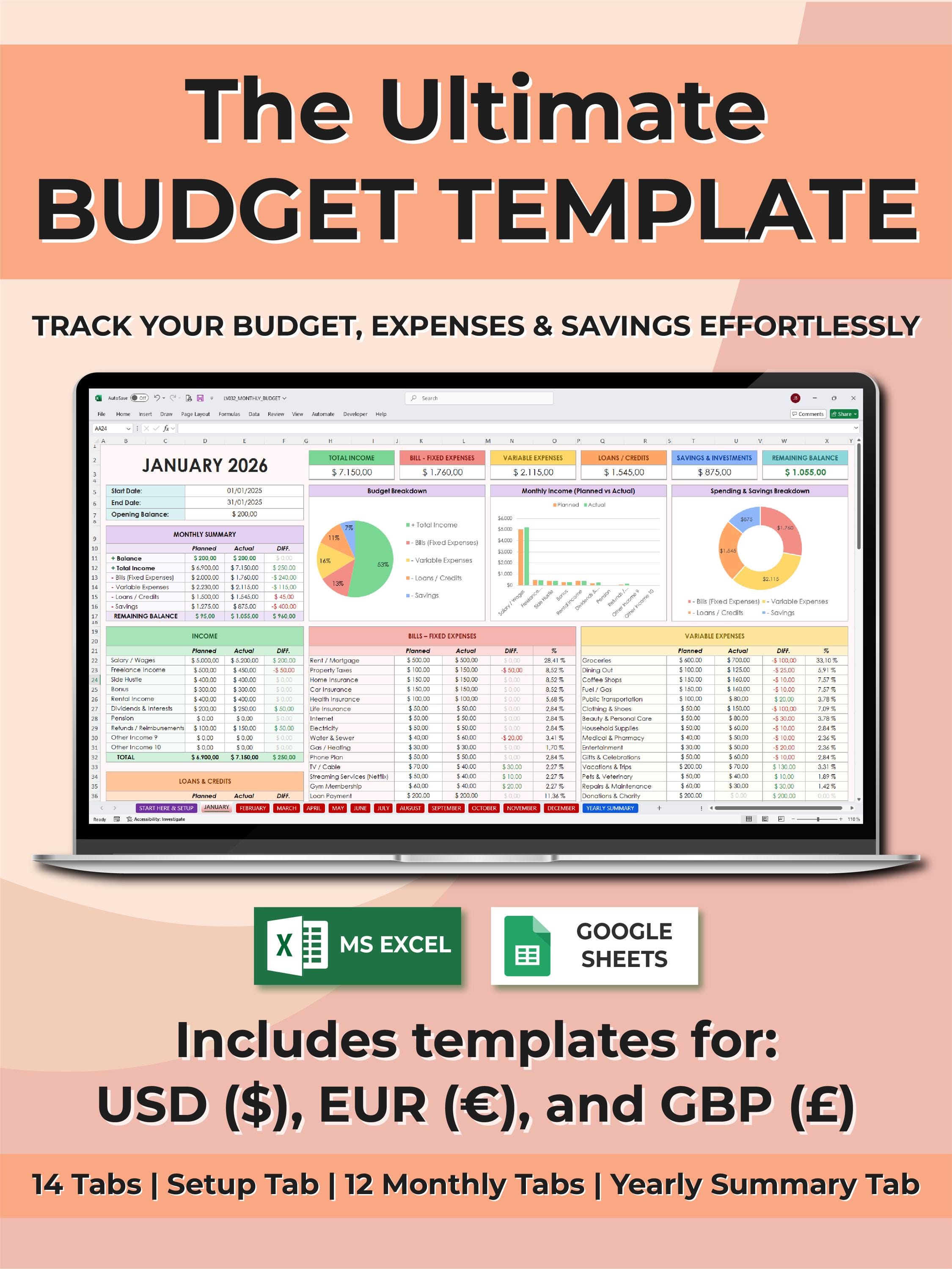 Semplice pianificatore di budget 2026, foglio di calcolo per budget Excel e Google Sheets, modello di busta paga, modello di budget Excel, foglio di m