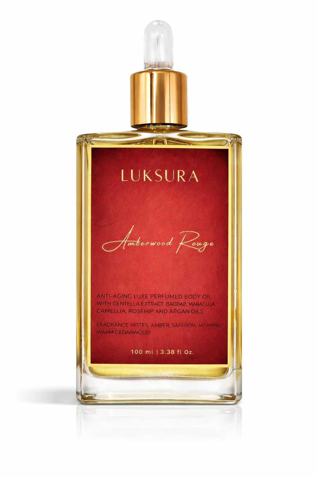 Olio corpo anti-età profumato Amberwood Rouge, con centella asiatica, argan e rosa canina (100 ml)