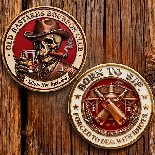 Sammlermünze des Old Bastards Bourbon Clubs, Bourbon heilt fast alles – Idioten ausgenommen, Herausforderungsmünze, Vintage-Whiskey Bourbon-Sammlermünze, Münze des Old Bastards Whiskey Clubs Image