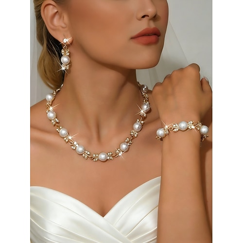Gold der Damen Schmuckset aus Elfenbein und Perlen, Strass-Halskette, Ohrringe und Armband, eleganter Brautstil für die Hochzeit formelle Veranstaltungen Image