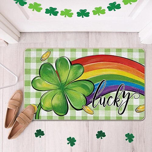 Fußmatte zum St. Patrick's Day, irisches vierblättriges Kleeblatt-Design, Eingangsmatte, festlicher grüner Kleeblatt-Türteppich für die Feierlichkeiten zum St. Patrick's Day. Image