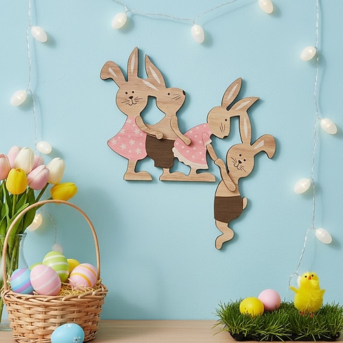 Wanddekorationen mit Osterhasenmotiven, hölzerne Osterschilder mit Cartoon-Motiven für die Zimmerdekoration, Osterfeierdekoration, Ladenauslage und als Geschenk Image