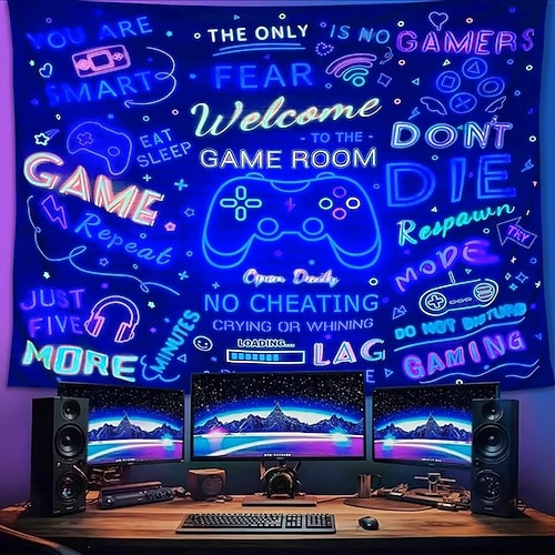 Schwarzlicht-Wandteppich fürs Spielzimmer, leuchtende Neonbuchstaben und Gamepad-Design, perfekt als Wanddeko fürs Gamer-Paradies, ideal für Schlafzimmer, Wohnzimmer oder Spielzimmer. Image