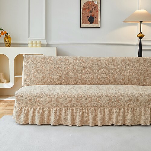 Zwei verschiedene Größen Jacquard-Stoff-Sofaüberzug ohne Armlehnen mit Volantsaum, dehnbarer Schutzbezug für Sofa, Bank und als Dekoration für das neue Jahr Image