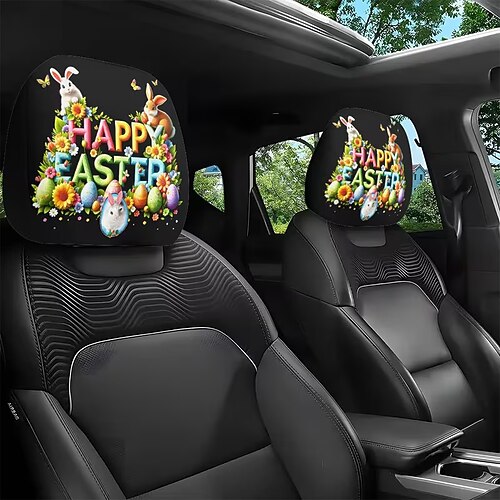 2er-Set Kopfstützenbezüge mit Ostereier-, Hasen- und Blumenmuster, passgenau, waschbar, einfach zu montieren, geeignet für Selbstfahrer-Autoreisen, Familienurlaube und Langstreckenfahrten Image