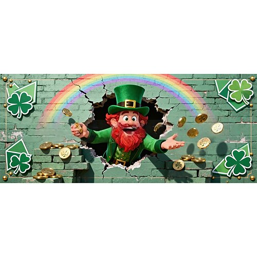 Garagentorabdeckung zum St. Patrick's Day, grünes vierblättriges Kleeblatt Goldmünzen-Design, festliches Wandbanner für die Feiertage, Dekoration für die St. Patrick's Day Party in der Garage oder im Image