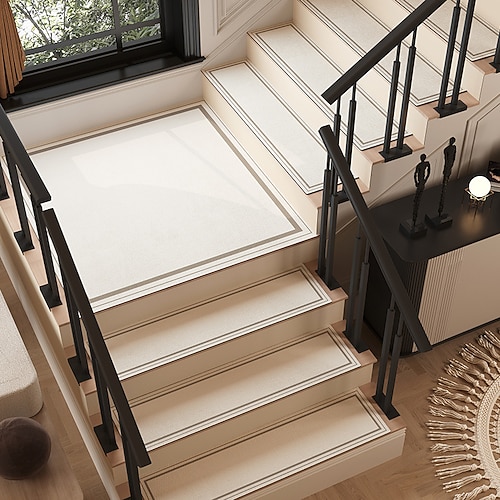 Treppenstufenmatten im amerikanischen Stil, selbstklebend (ohne Klebstoff), cremefarben, rutschfest, waschbar, strapazierfähig, leicht zu reinigen und zu pflegen Image