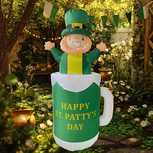1,8 m große, aufblasbare irische St. Patrick's Day-Dekoration mit LED-Beleuchtung, Bierglas, grünem Elf, für drinnen und draußen, Hof, Wohnzimmer, Gartenparty, festliche Atmosphäre, dekorative Image