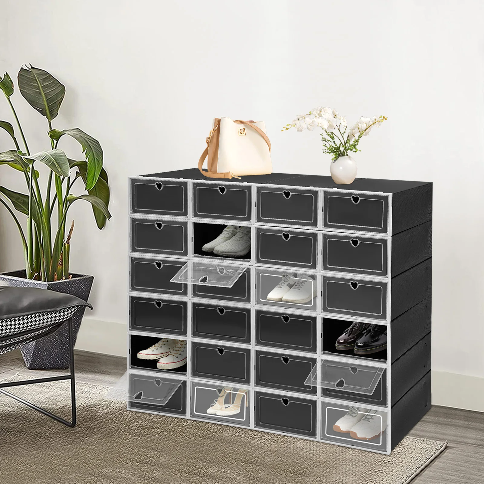 24 Stück Schuh-Organizer-Boxen stapelbar, PP + HIPS herzförmiges Loch Avocado grün/schwarz 13 x 9,06 Zoll