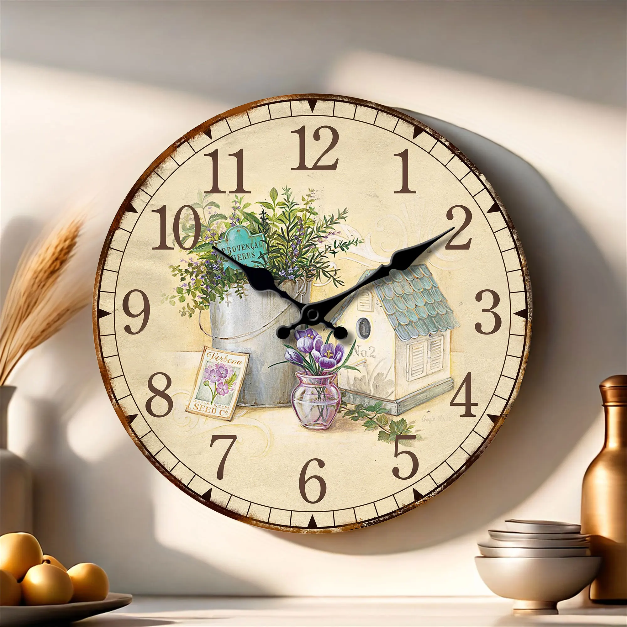 1pc Retro Holzwand uhr, schöne Lavendel-Provence Vanille Design Wanduhr, 10-16 Zoll stumme Uhr, Wohnkultur, Wohn ro Image