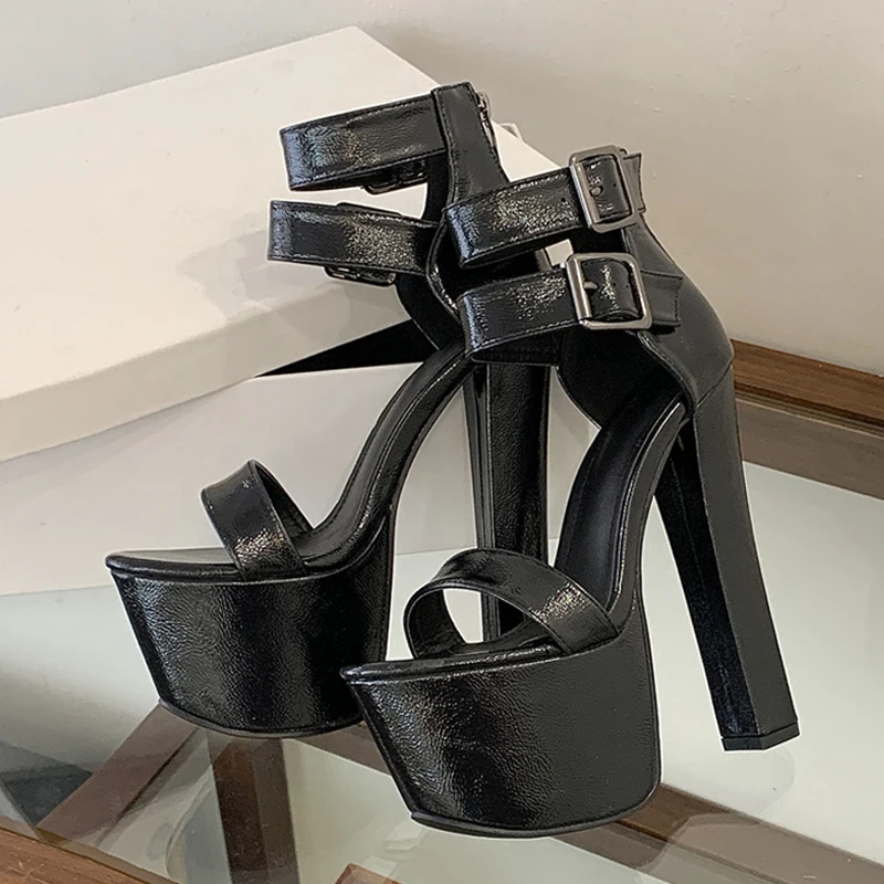 Liyke Große Größe 43 44 45, schwarze klobige Plateau-Sandalen für Damen, Doppelschnalle, Knöchelriemen, sexy offene Zehen, Super-High-Heels-Schuhe Image