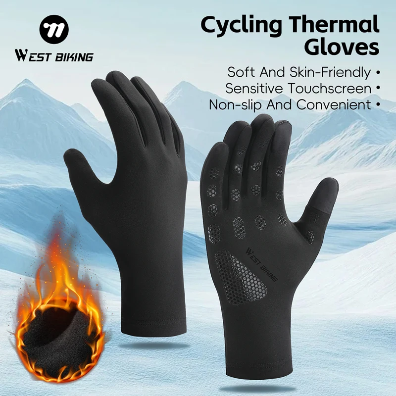 WEST BIKING Thermo-Fahrradhandschuhe, Winter-Fleece, winddicht, Fahrradhandschuhe, Touchscreen, Vollfinger-Handschuhe, Outdoor-Fahrradausrüstung Image