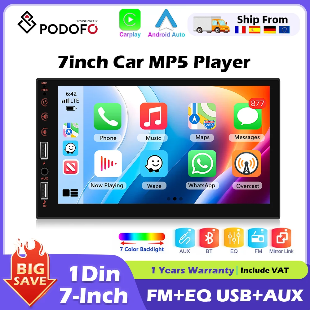 Podofo 1din Carplay Android Auto Autoradio MP5-Player Autoradio Audio Stereo FM-Empfänger Bluetooth Car Audio Unterstützung Mirror-Link Image