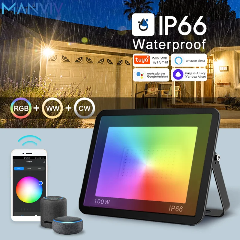 Manviv smart led 220v rgb strahler mit stimme und tuya app steuerung led lichter 30w 50w 100w foco led flutlicht außenwand lig