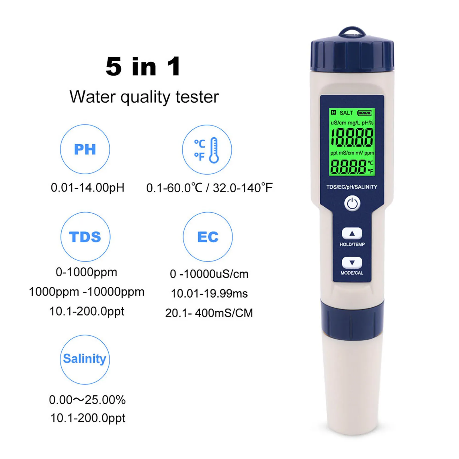 Wasserqualitätstester EZ-9909 5-in-1-Funktion Wasserqualitätsprüfgerät PH Salzgehalt TDS EC-Tester mit Hintergrundbeleuchtung Image