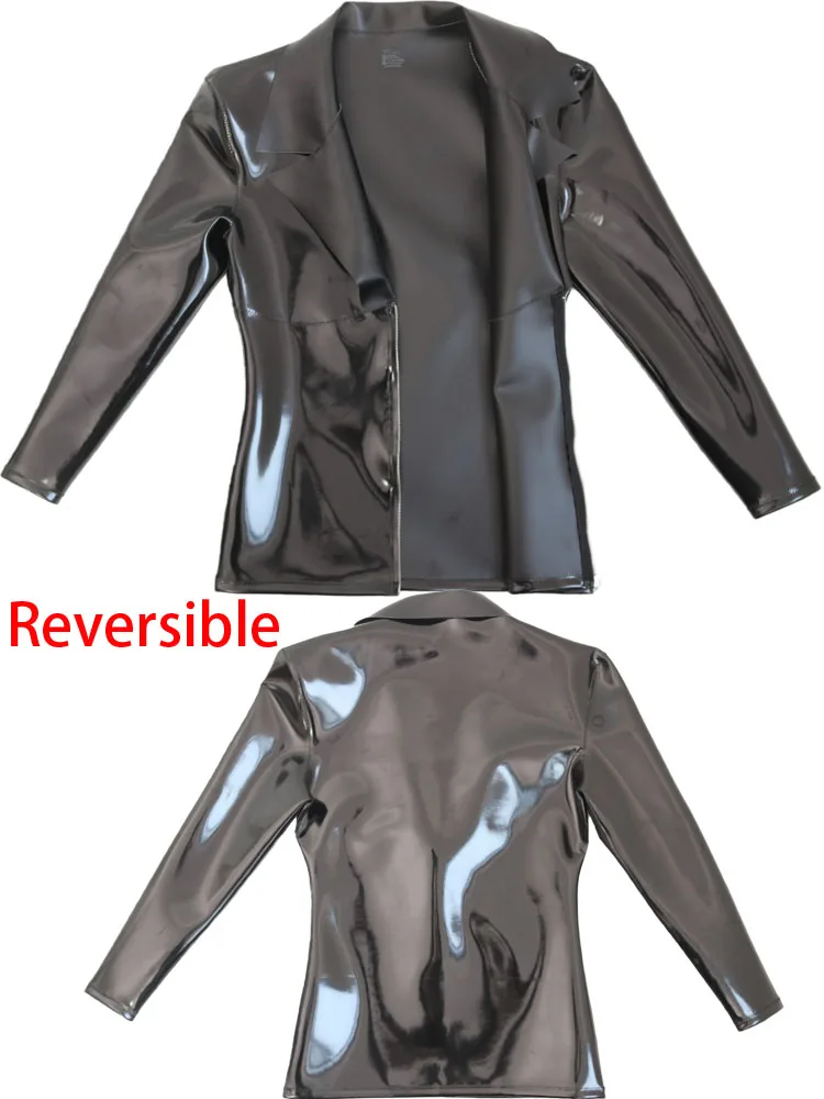 Glänzendes, mattes, doppelseitiges PU-Leder, wendbares Langarm-T-Shirt, Wet-Look, PVC-T-Shirt, Hip-Hop, Bühnenaufführung, Tops, Jackenmantel Image