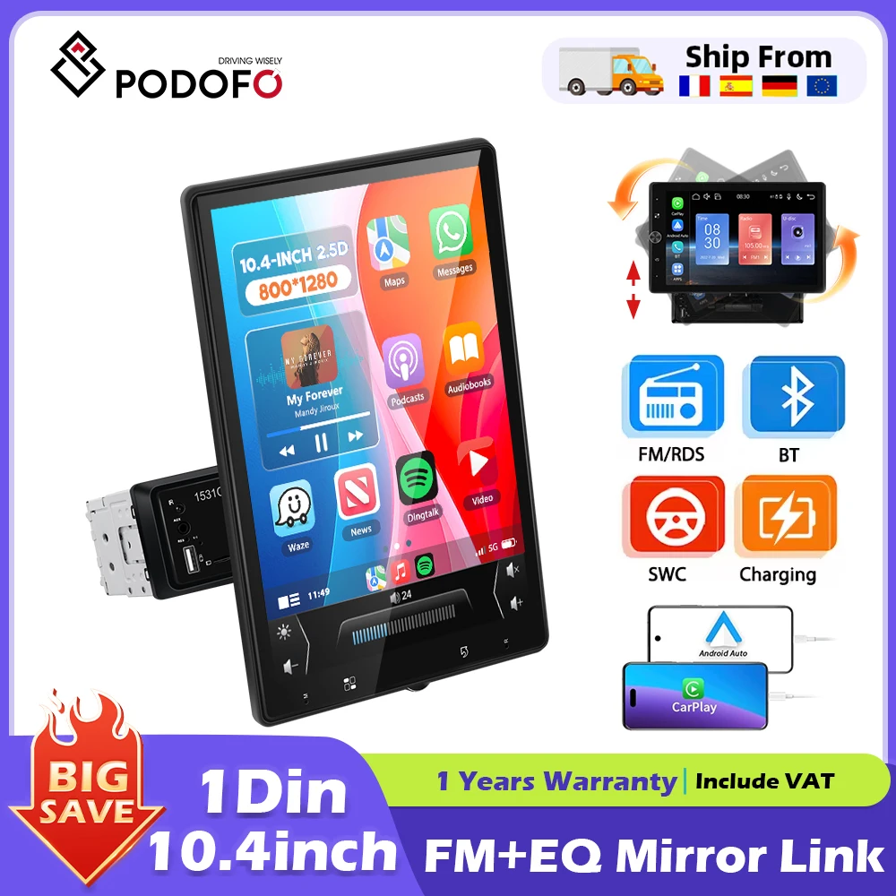 Podofo Universal 10,4 ''Auto Stereo Radio 1din autoradio Carplay Bluetooth FM Empfänger Multimedia Video Player Image