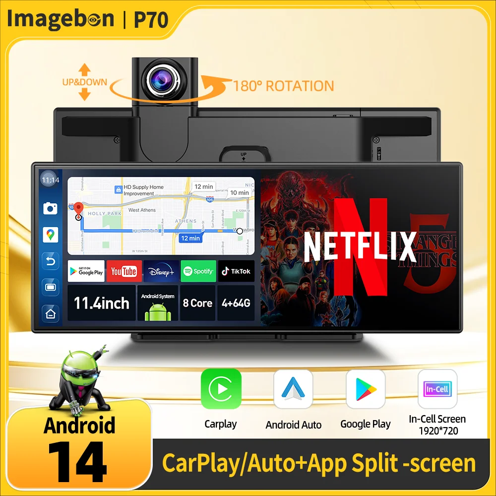 Imagebon P70 11,4" Android 14 8Core DVR Triple-View-Kamera Carplay/App:App Split Screen Recorder Youtube Spotify AI Dash Cam Image