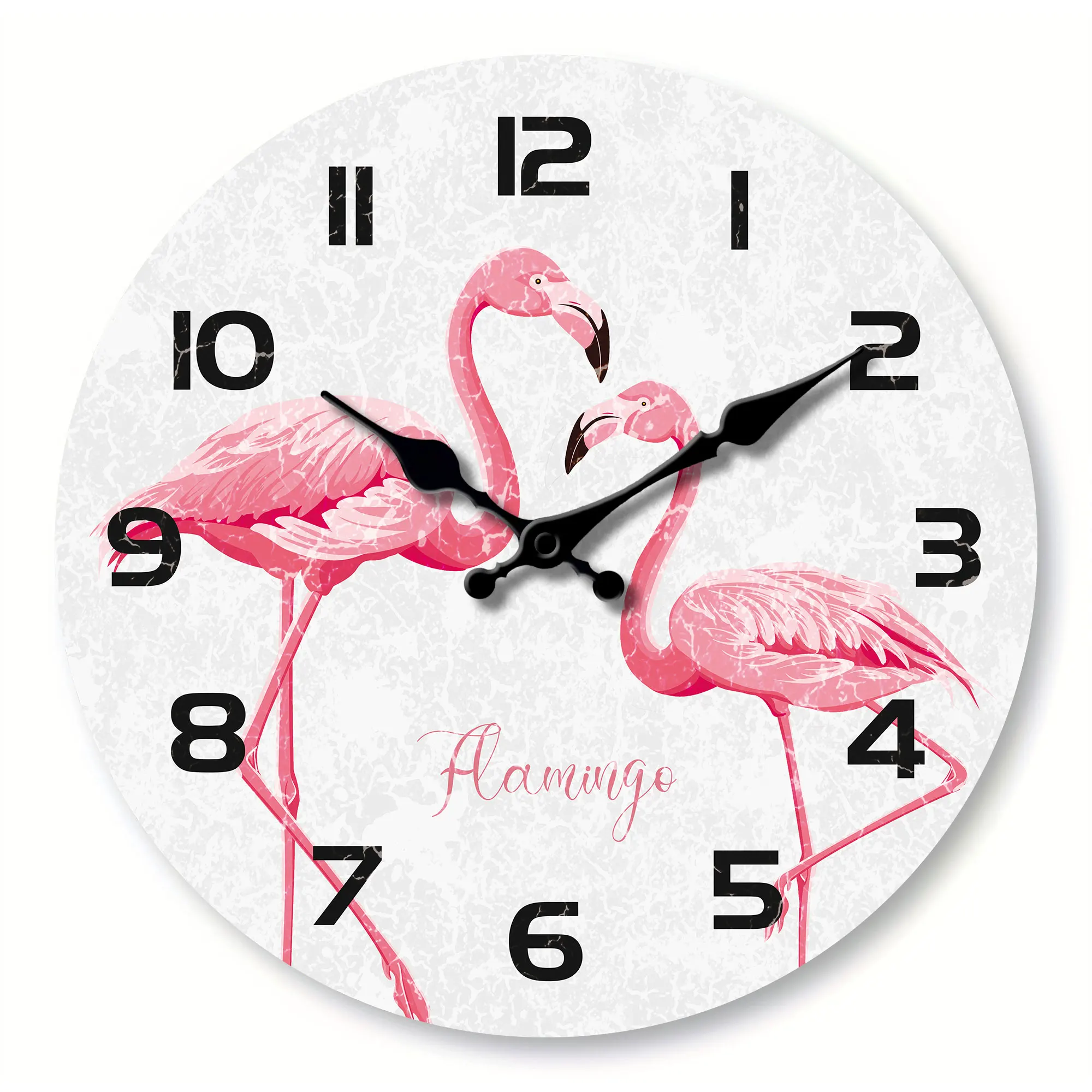 1pc runde hölzerne Wanduhr, zwei rosa Flamingo muster und arabische Ziffern entwerfen Wanduhr, stille Uhr, für Wohnzimmer bett Image