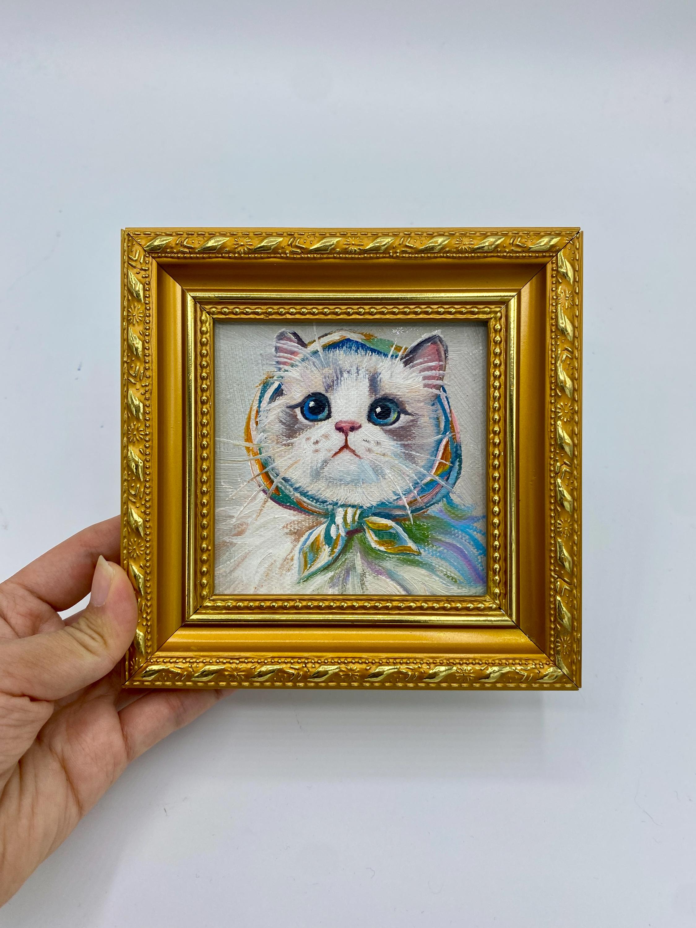 Dipinto ad olio originale, quadro con gatto Ragdoll, decorazione per la cameretta, piccolo quadro su tela incorniciato.