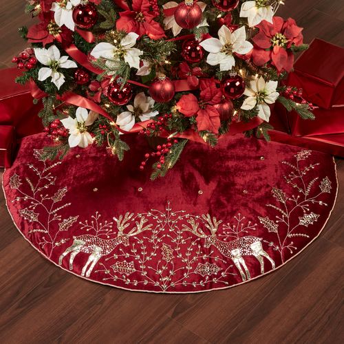 Elegant Reindeer Tree Skirt Red , Red