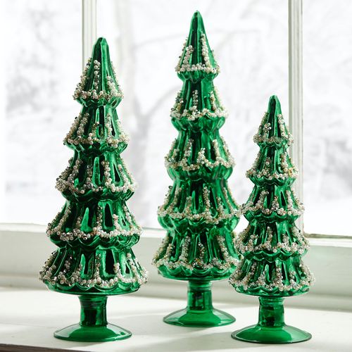 Beaded Christmas Tree Table Accents Green Set of Three, Set of Three, Green