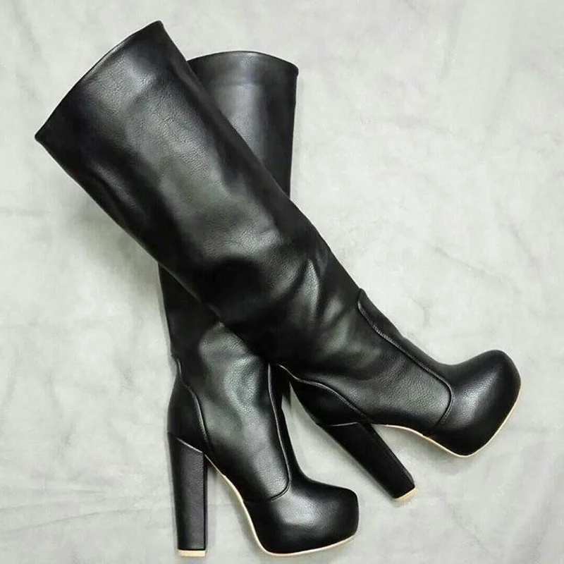 Schwarz Kniehohe Matte Leder Stiefel Spitz Blockabsatz Sexy Mode Winter Casual Große Größe Frau Schuhe Zapatillas Mujer