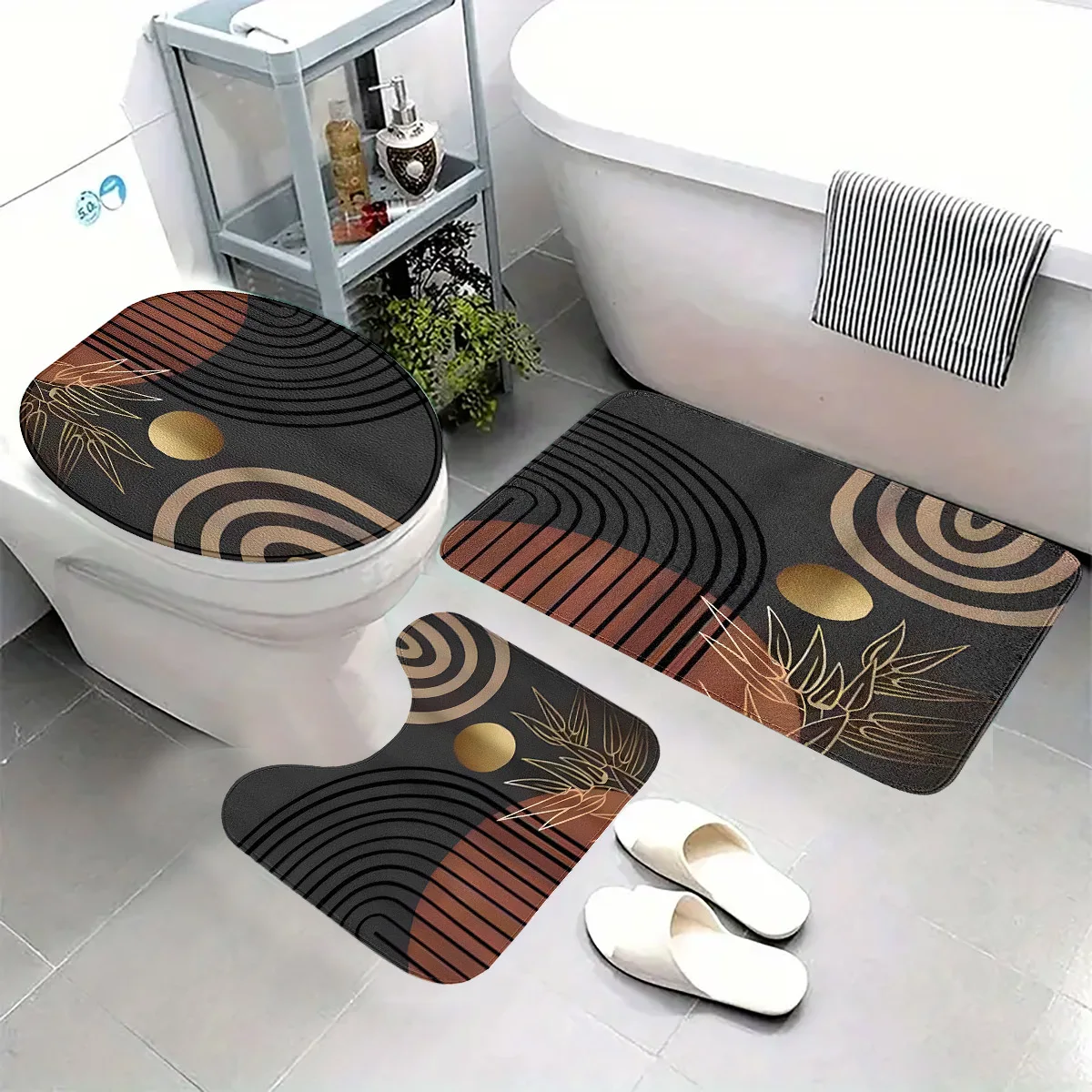 Ensemble de salle de bain simple ou trois pièces moderne minimaliste noir et doré : tapis de toilette antidérapant + tapis de sol en forme de U + tapis de pied de salle de bain, ensemble de salle de