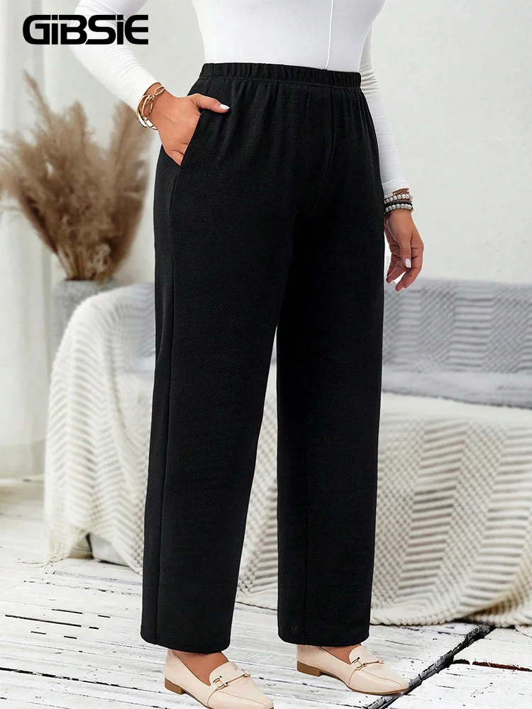 GIBSIE Plus Größe Casual Gestrickte Elastische Bequeme Gerade Bein Hosen Frauen Frühling Schwarz Hohe Taille Büro Dame mit Taschen