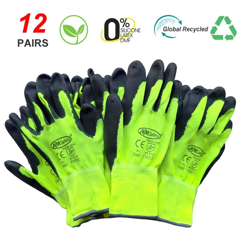 NMSafety 12 Paar PU-beschichtete Arbeitshandschuhe – leichte, langlebige Schutzhandschuhe EN 388/ISO20471, zertifiziert, Größen S/M/L/XL/XXL Image