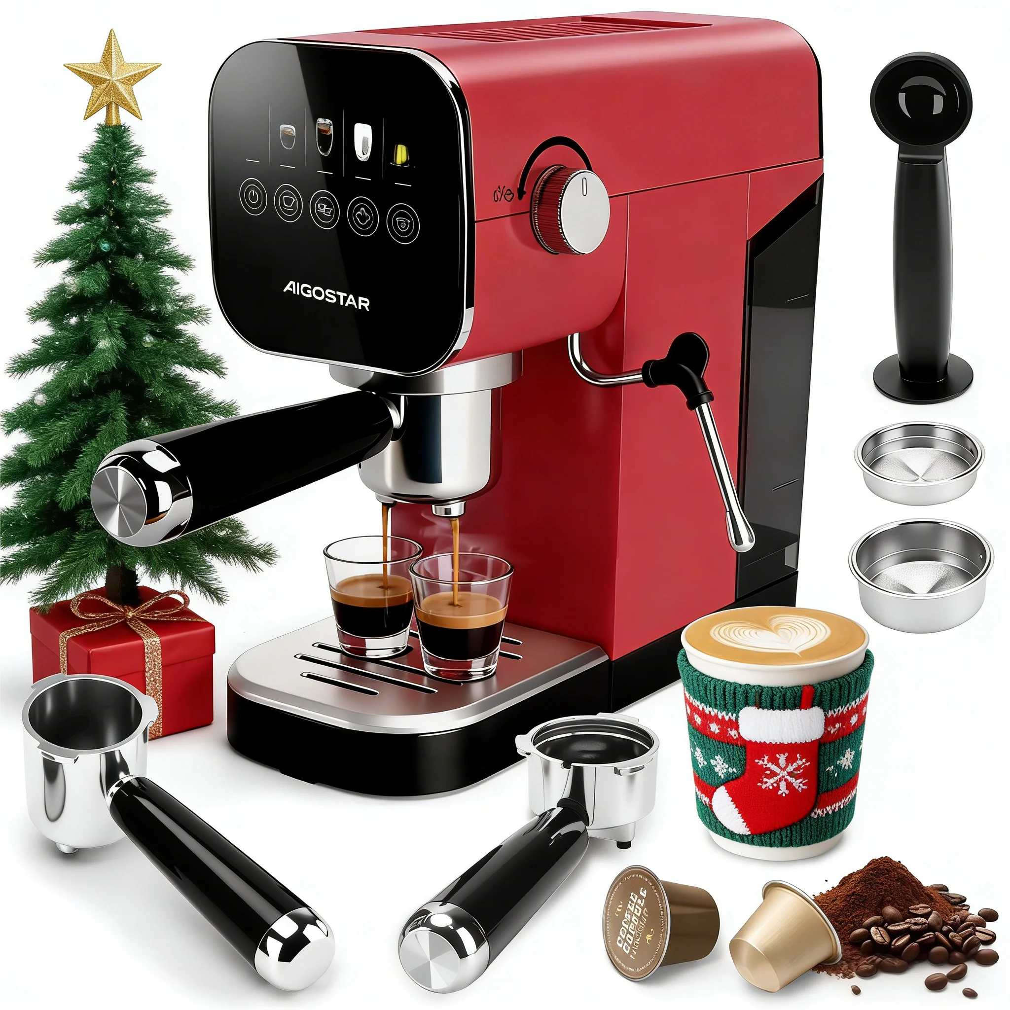 Aigostar Espresso Siebträgermaschine, Kompatibel mit Kapseln und Gemahlenem Kaffee, 20 Bar, Digitales Touchpanel, 1/2 Tassen, Espressomaschine mit Milchaufschäumer, 0,9L, 1350 W, Edelstahl, Rot