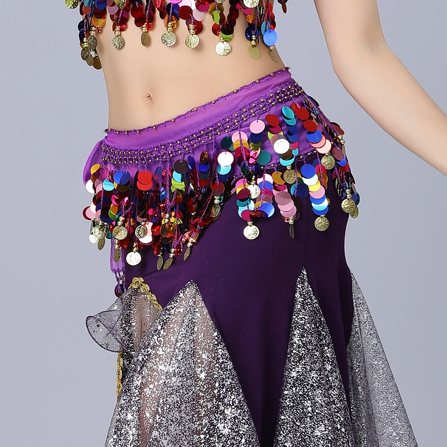 Lila Pailletten-Bauchtanz-Hüfttuch mit Goldmünzen, glänzenden Fransen, elastischem Bund – perfekt für Auftritte, Workouts und D Image
