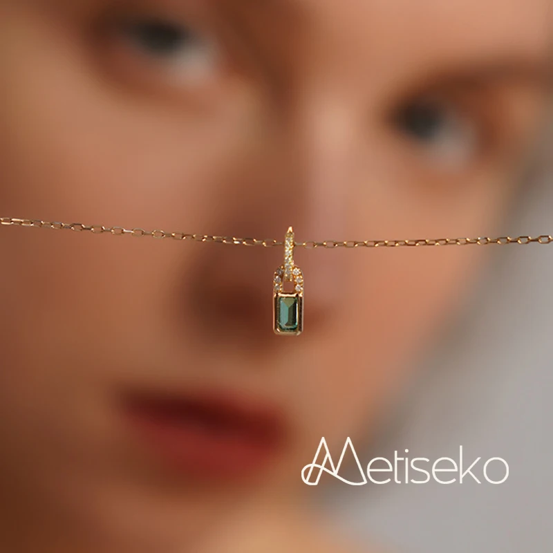 Metiseko Halskette mit Anhänger aus 925er-Sterlingsilber, smaragdgrüner Zirkon, Schlossform, modische, einfache Halskette für Damen Image